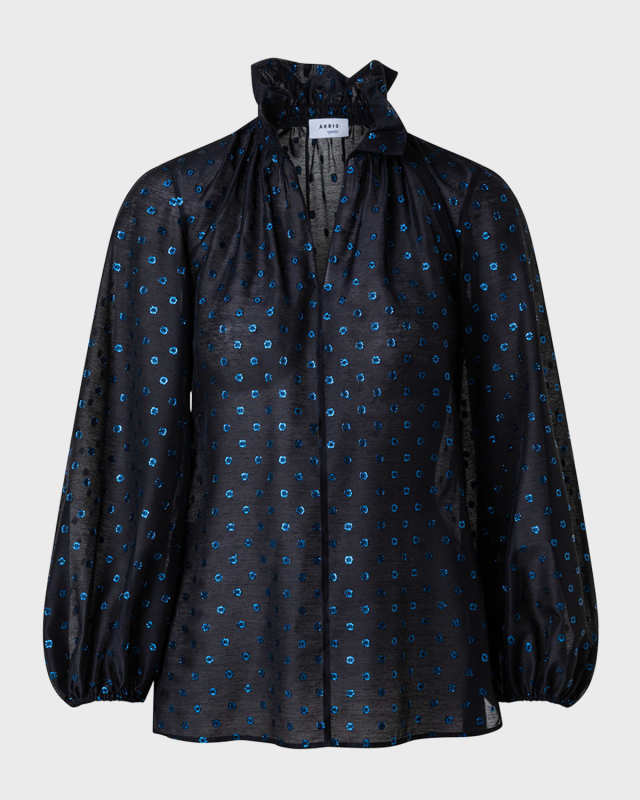 Metallic Dot Devore Ruffle-Collar Long-Sleeve Blouse